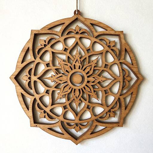 Photograph of an intricate, circular wooden mandala ornament with geometric patterns and floral designs, hanging by a small string.