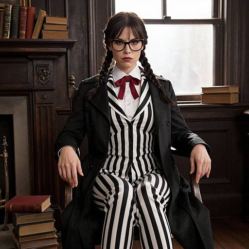 Photograph of a serious-looking woman with black braids, glasses, and red ribbon, wearing black-and-white striped suit, black coat, seated in