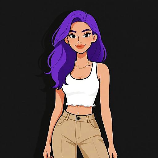 Digital anime-style drawing of a smiling woman with purple hair, wearing a white crop top and beige pants, against a black background.