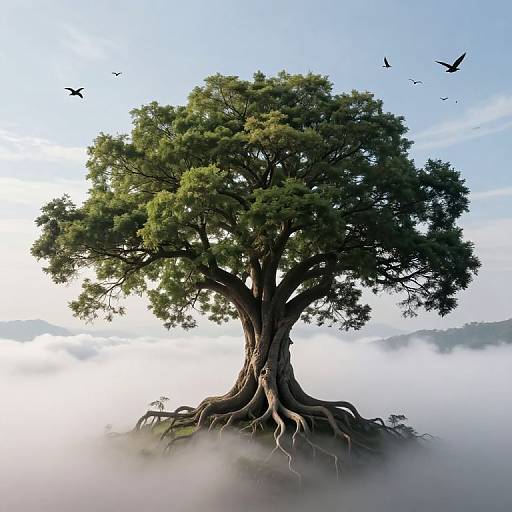 Digital artwork of a majestic, large-leaved tree with intricate roots, standing alone on a misty island, surrounded by floating birds.