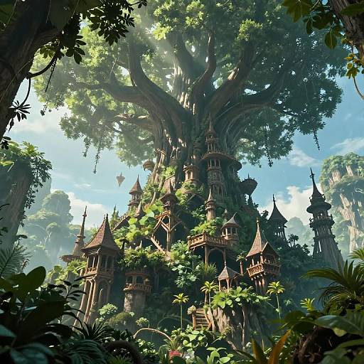 Digital fantasy artwork of a towering, enchanted treehouse castle with pointed roofs, surrounded by lush greenery and sunlight filtering through dense forest canopy.