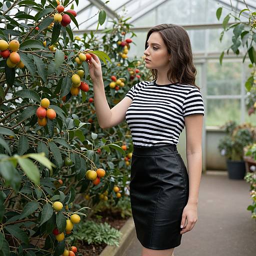 Photograph of a young woman with fair skin, dark wavy hair, wearing a black and white striped shirt and black skirt, picking apples in a