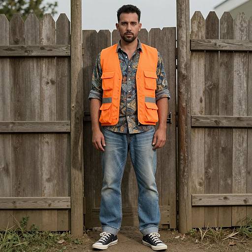 Photograph of a bearded man in an orange safety vest, patterned shirt, blue jeans, and black sneakers, standing in front of a wooden
