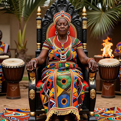 Photograph of an African woman with dark skin, wearing vibrant, multicolored traditional attire and elaborate headpiece, seated on an ornate black throne