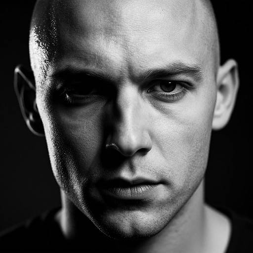 High-contrast black-and-white photograph of a bald, serious-faced man with intense gaze, shadowy lighting, and textured skin, against a dark background