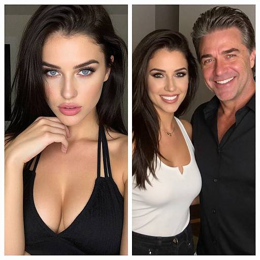 Photograph of a fair-skinned brunette woman with striking blue eyes, large breasts in a black top, and a smiling middle-aged man in black shirt