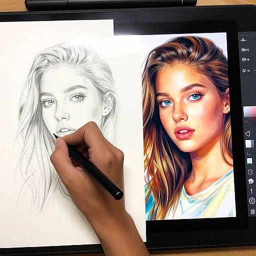 Photograph of a hand sketching a black-and-white portrait of a woman, next to a colorful digital portrait of the same woman on a tablet.
