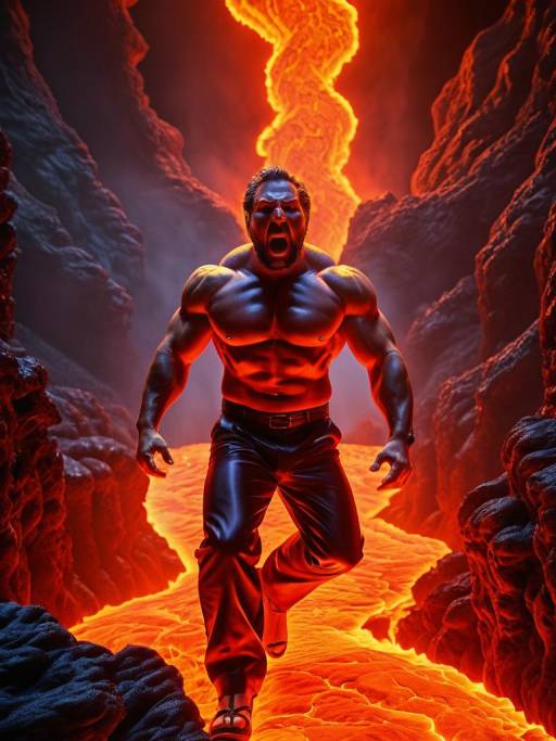 Muscular Man in Fiery Lava Cave