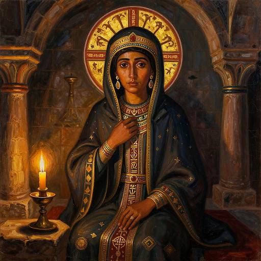 Ethiopian Empress in Candlelit Church at Dusk