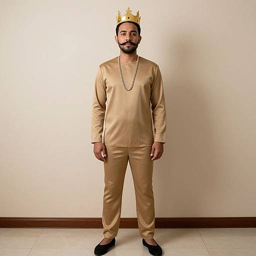 Photograph of a bearded man with dark skin wearing a gold crown, beige traditional outfit, black shoes, and a bead necklace, standing against a