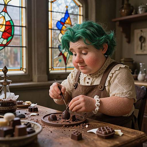 A photograph of a chubby woman with green hair, wearing a cream lace blouse and brown apron, decorating a chocolate cake in a vintage, sunlight-filled