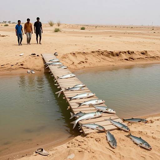 Photograph of three men walking on sandy desert, approaching a makeshift fish drying rack with silver fish on wooden planks over a small waterhole.