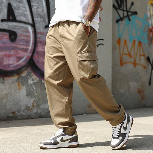 Photograph of a person walking, showing tan cargo pants, white Nike sneakers, white T-shirt, against a graffiti-covered concrete wall.