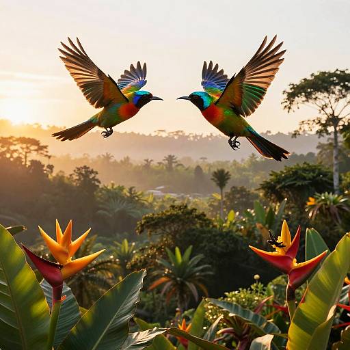 Colorful Tropical Birds Over Jungle Sunrise