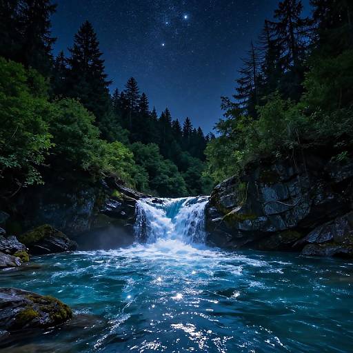 Photograph of a nighttime waterfall in a dense forest, with bright white water cascading between dark rocky cliffs under a starry sky.