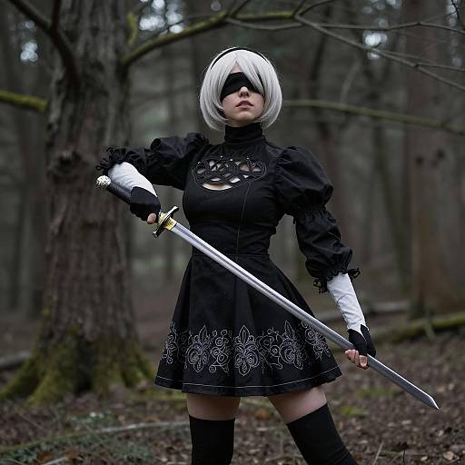 Woman in Black Dress Holding Sword in Forest