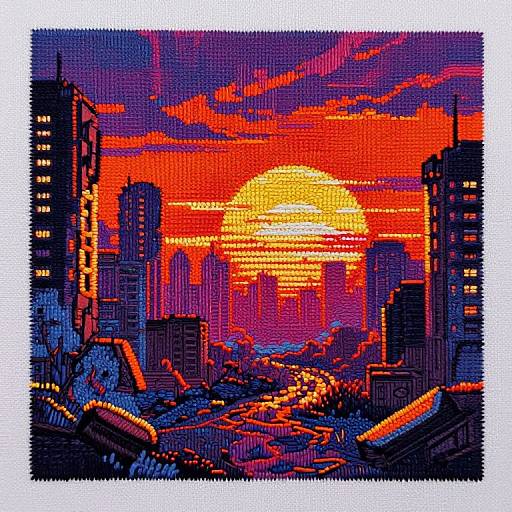 Pixel art of a vibrant cityscape at sunset, featuring a large, bright orange sun behind skyscrapers, with broken buildings in the foreground, in