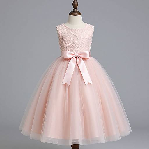 Photograph of a white lace sleeveless dress with a pink satin and tulle skirt, accented by a large pink bow at the waist, displayed