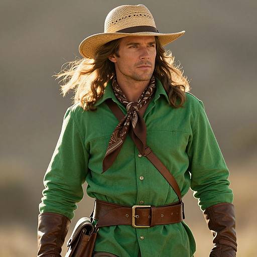 Photograph of a handsome man with long brown hair, green shirt, brown leather belt, gloves, and straw hat, standing outdoors.