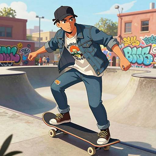 Digital illustration of a young skateboarder in a denim jacket and cap, balancing on a skateboard in a colorful, graffiti-covered skatepark.