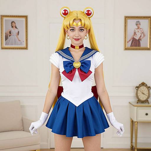 Digital artwork of a blonde woman in a Sailor Moon cosplay, standing in a bright living room with framed pictures.