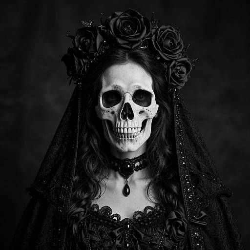 Photograph of a skeletal face with white makeup, black roses in hair, lace veil, and gothic dress, against a dark background.