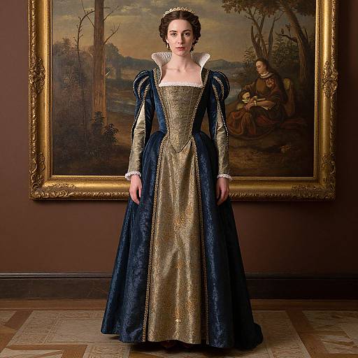 Photograph of a pale-skinned woman in a gold and navy Renaissance-style gown with puffed sleeves, standing in front of a classical landscape painting.
