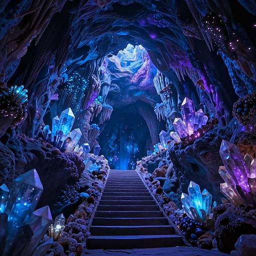 Glowing blue and purple crystal cave with illuminated ice formations, illuminated stairs, and a radiant crystal ceiling in a surreal, digital artwork style.
