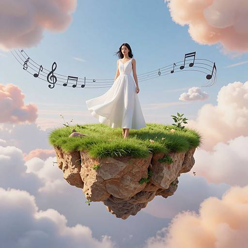 Woman in flowing white dress stands on floating grassy rock, surrounded by musical notes, against a bright blue sky with fluffy clouds. Digital art.