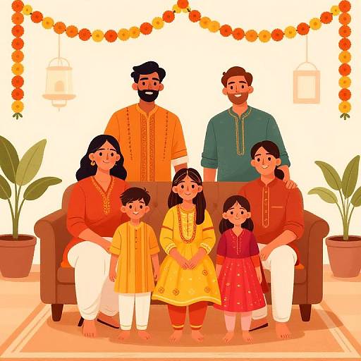 Illustration of a traditional Indian family in bright, colorful attire, sitting on a brown couch with marigold garlands and potted plants in the