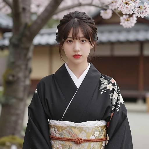 Young Asian Woman in Black Traditional Kimono