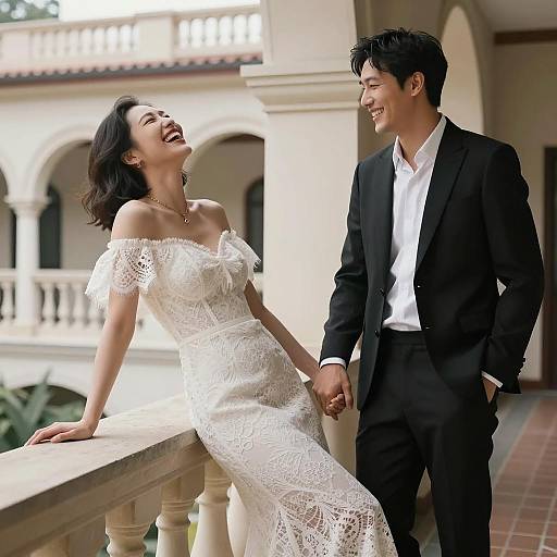 Romantic Balcony Scene with Laughing Couple