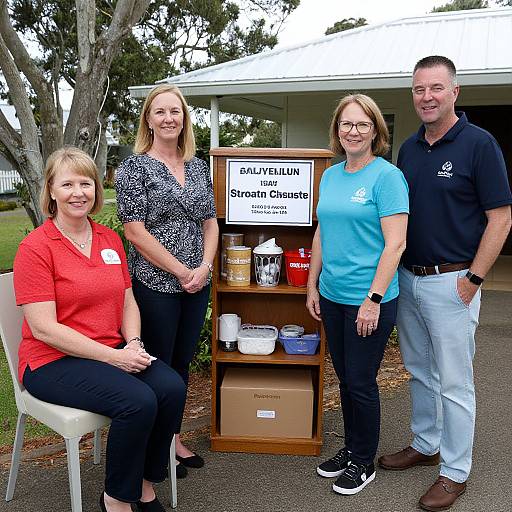 Photograph of four smiling adults standing and sitting outdoors in front of a 