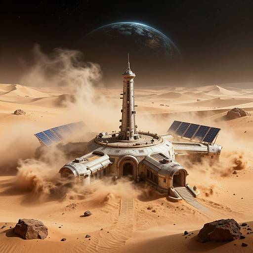 Digital artwork of a futuristic desert base with a tall central tower, solar panels, and arched structures, surrounded by sand dunes and a distant planet