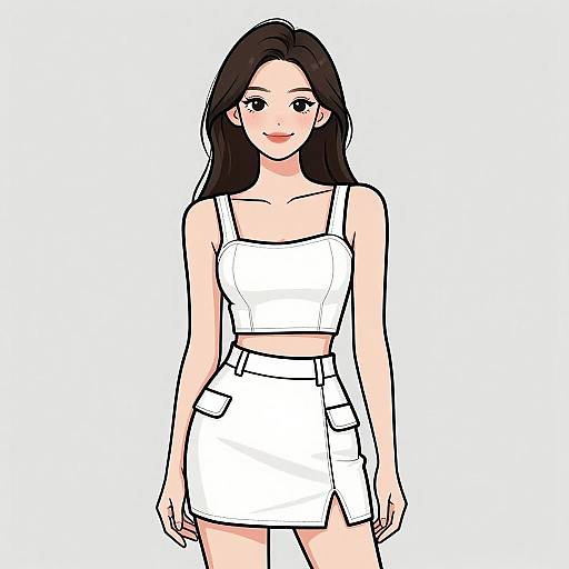 Digital anime-style drawing of a smiling young woman with long black hair, wearing a white crop top and high-waisted skirt with pockets.