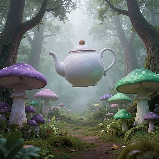 Whimsical forest scene with a floating silver teapot, vibrant purple and green mushrooms, and misty trees. Digital art style.