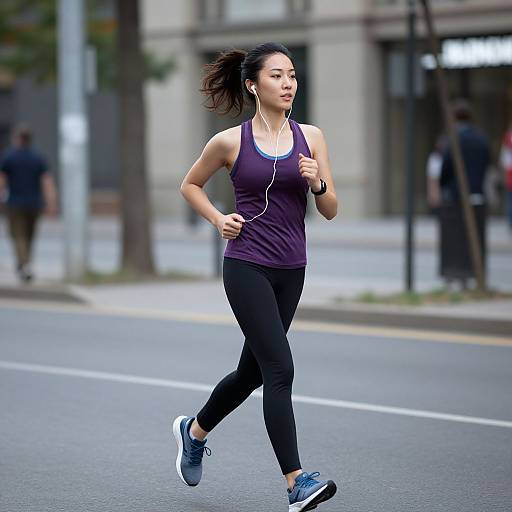 Photograph of a determined Asian woman jogging on a city street, wearing a purple tank top, black leggings, and blue sneakers, with earbuds