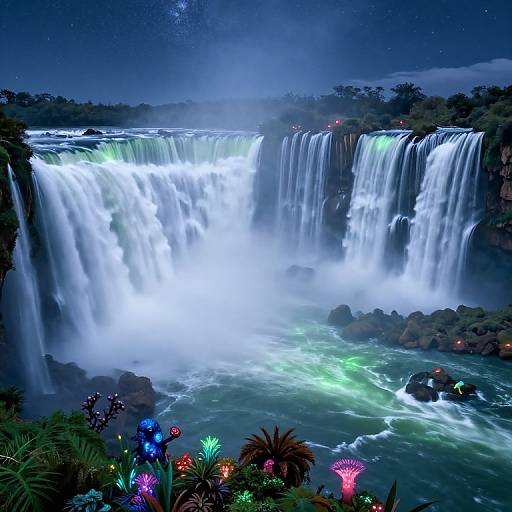 Photograph of a luminous, multi-tiered waterfall at night, surrounded by glowing plants, mist, and a starry sky, with vibrant,