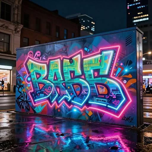 Vibrant neon graffiti on a city wall at night, featuring bold 
