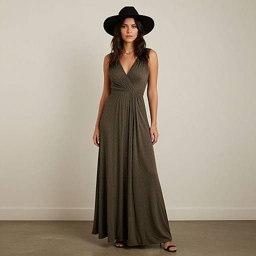 Photograph of a woman with long dark hair, wearing a black wide-brimmed hat and a dark, textured, V-neck maxi dress, standing