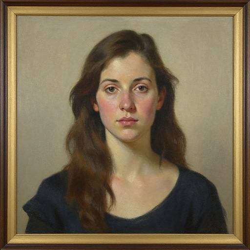 Realistic oil painting of a young woman with fair skin, long brown hair, and pink cheeks, wearing a black top, in a gold frame.