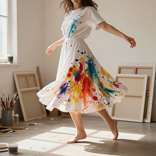 Photograph of a woman in a white dress splattered with vibrant paint, barefoot, dancing in a sunlit art studio with canvases and paint