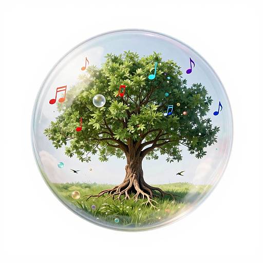 Digital illustration of a lush green tree inside a clear glass bubble, with colorful musical notes and bubbles floating around.