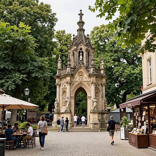 Photograph of a picturesque European town square featuring a detailed stone archway, surrounded by lush green trees, cafes, and pedestrians.