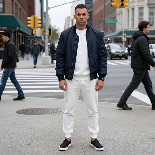 Photograph of a serious, dark-haired man in a black jacket, white shirt, and pants, standing on a city street crossing, with pedestrians and