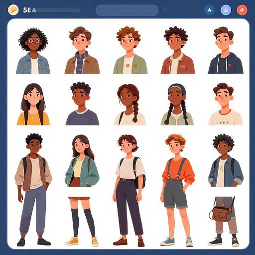 Digital illustration of 16 diverse, stylized characters in casual clothing, standing in rows against a white background, with a blue border.