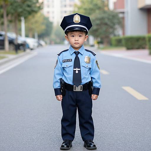 Photograph of a young Asian boy in a detailed, light blue police uniform standing on a suburban street with blurred trees and houses in the background.