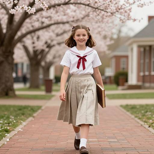 Photograph of a smiling young girl in a white sailor uniform with red bow, beige pleated skirt, holding a book, walking on a brick path