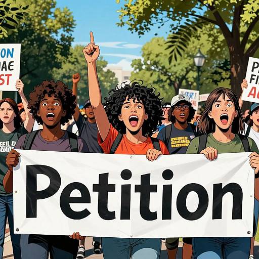 Digital illustration of diverse protesters holding a 