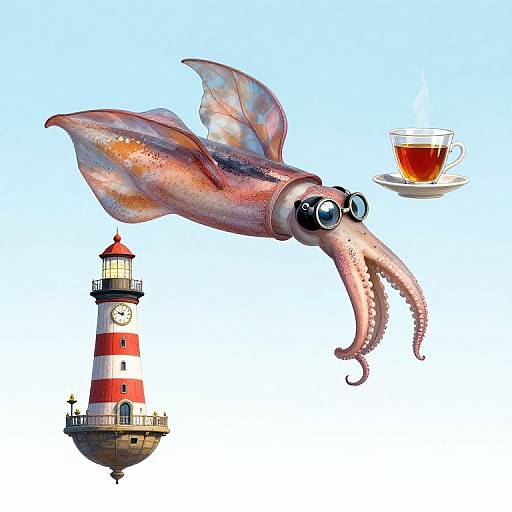 Digital illustration of a whimsical squid with large eyes and pinkish tentacles, carrying a teacup, flying above a red-and-white striped l